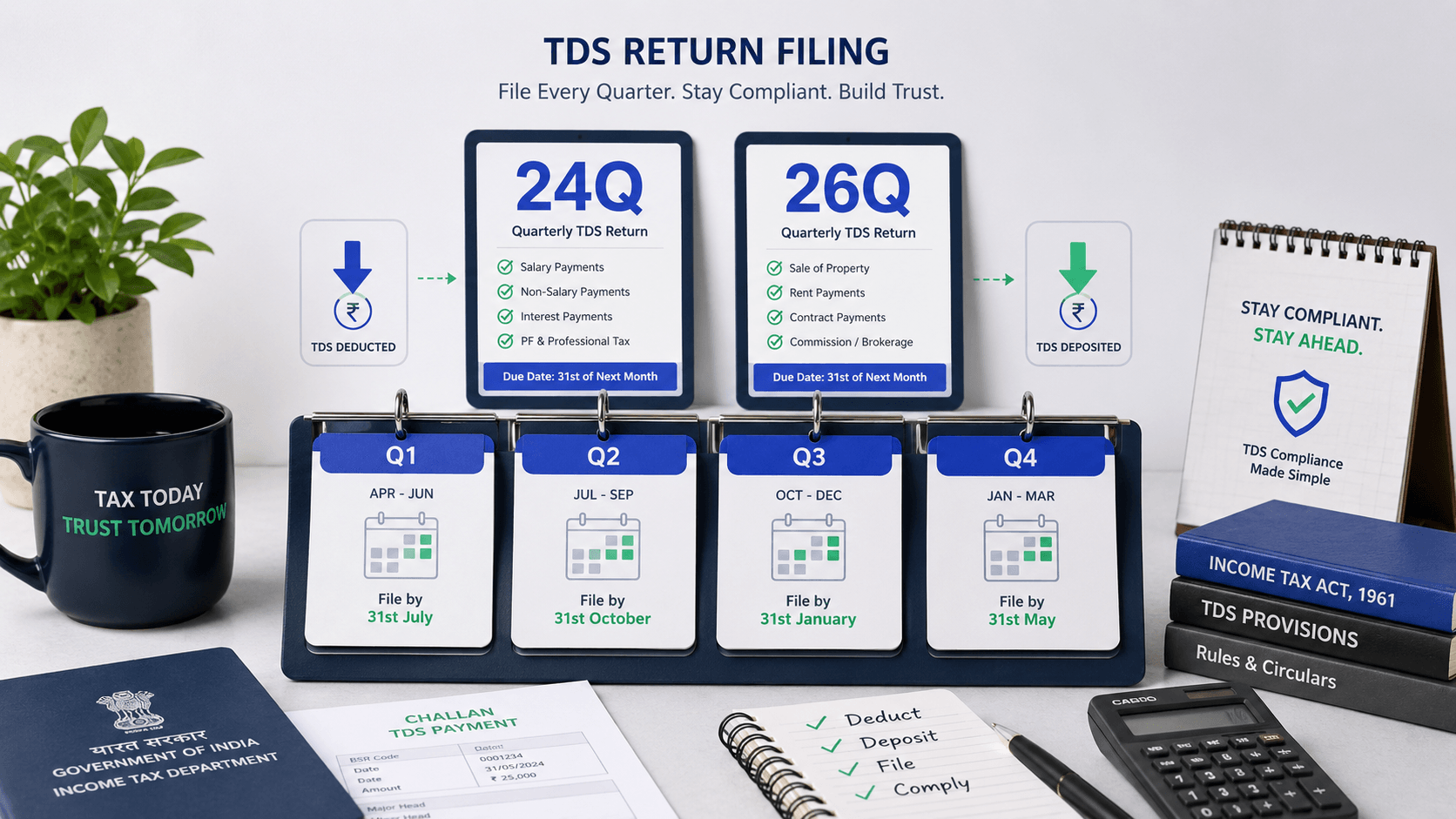 TDS return filing: forms 24Q, 26Q and quarterly deadlines — FilingSetu blog article