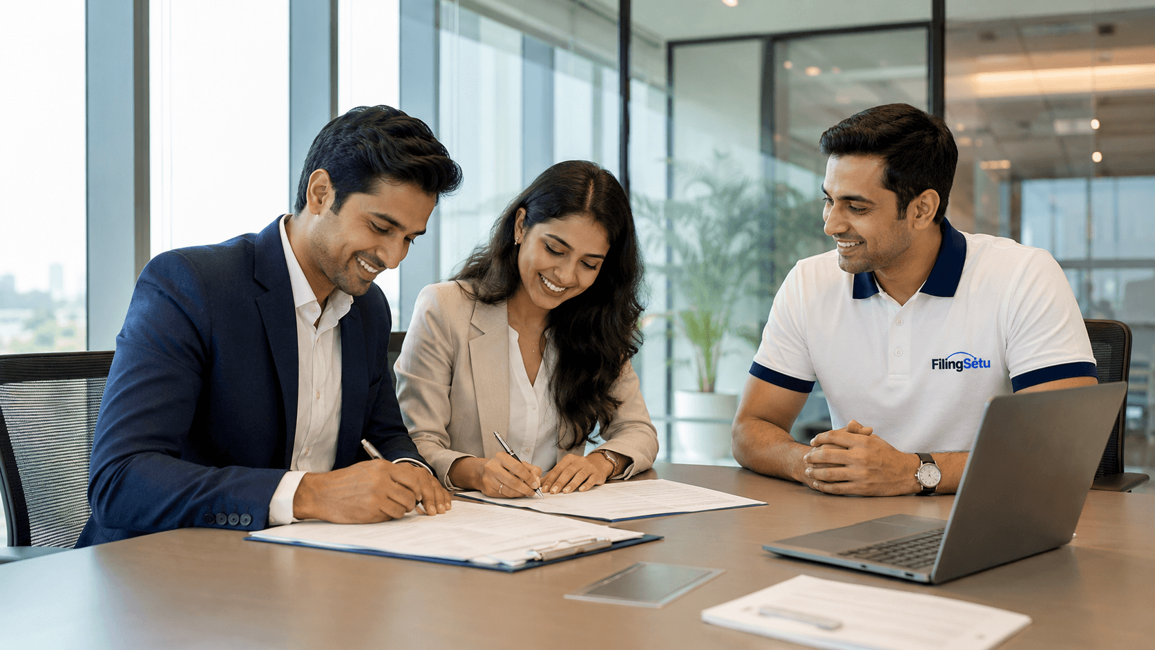 Company founders signing incorporation and registration documents